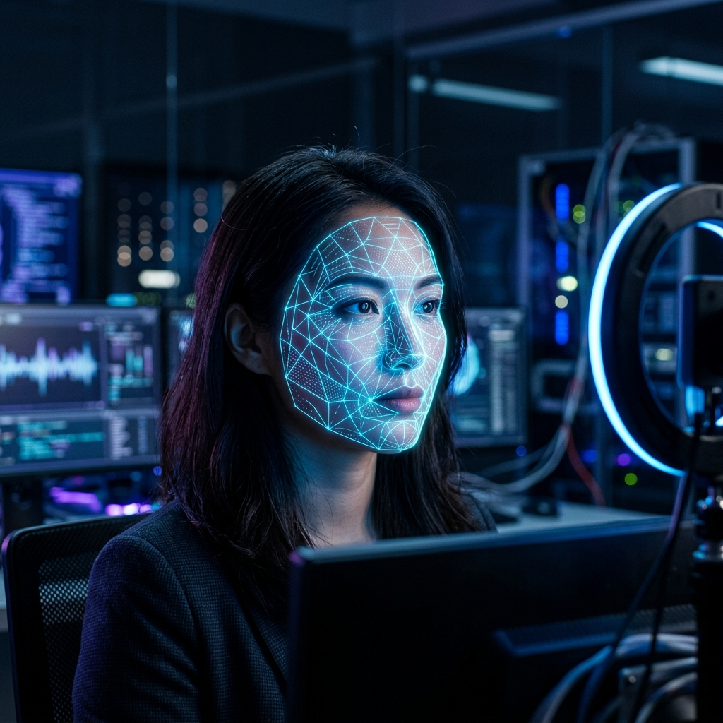 인공지능을 활용해 인물 영상의 조작 여부를 정밀 분석하고 데이터 메쉬를 통해 딥페이크를 식별하는 모습