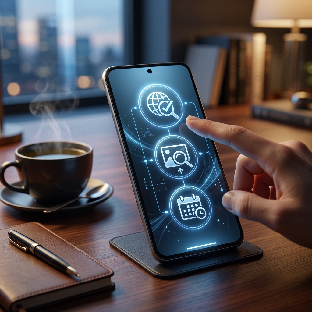 스마트폰을 통해 출처 확인, 이미지 검색, 날짜 대조 등 가짜 뉴스 식별 요령을 학습하는 인터페이스