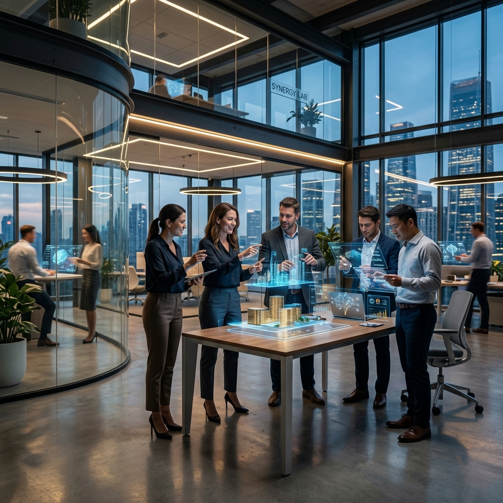 현대적인 사무실에서 홀로그램 AI 인터페이스를 활용해 고도의 전략적 협업을 진행하는 팀원들의 모습