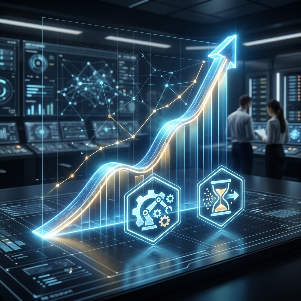 AI 도입 이후 단축된 업무 시간과 폭발적으로 성장한 생산성 지표를 보여주는 3D 데이터 차트