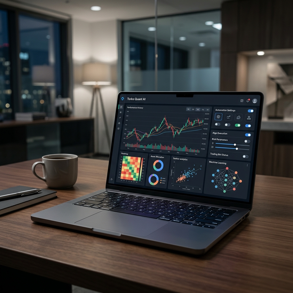 터보퀀트 AI 대시보드가 활성화된 프리미엄 노트북과 세련된 오피스 환경이 어우러진 전문적인 모습