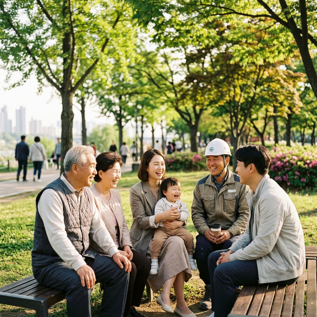 정부의 민생 안정 대책 발표 이후 안도감을 느끼며 소통하는 평화로운 시민들의 모습