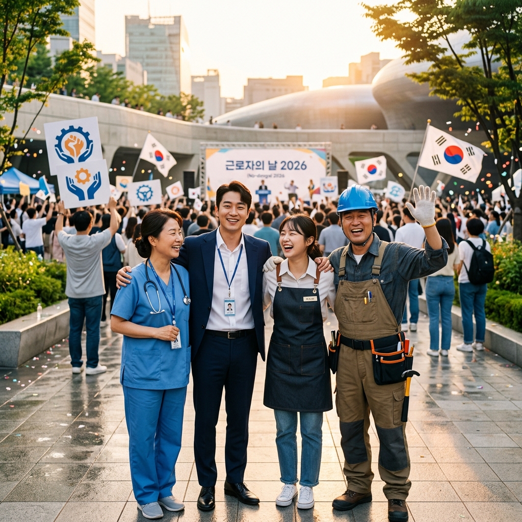2026년 노동절 법정 공휴일 지정을 환영하는 다양한 직종의 근로자들