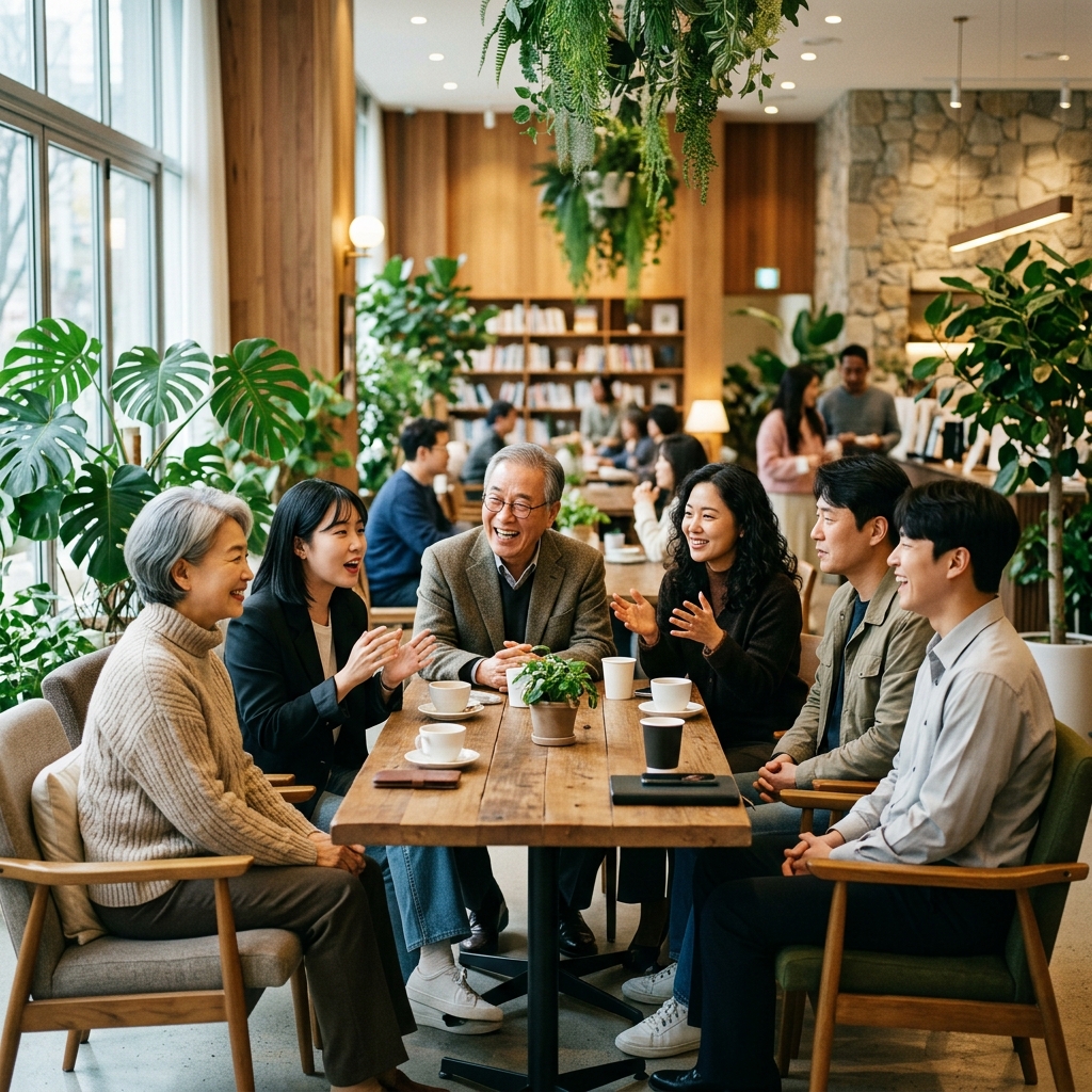 다양한 배경을 가진 시민들이 모여 진정성 있는 대화를 나누는 2026년의 공동체 모습